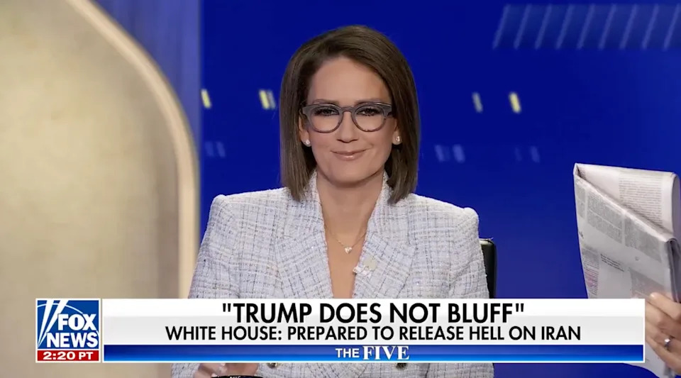 A news anchor sits at a desk on Fox News' "The Five," with a headline about Trump's stance on Iran