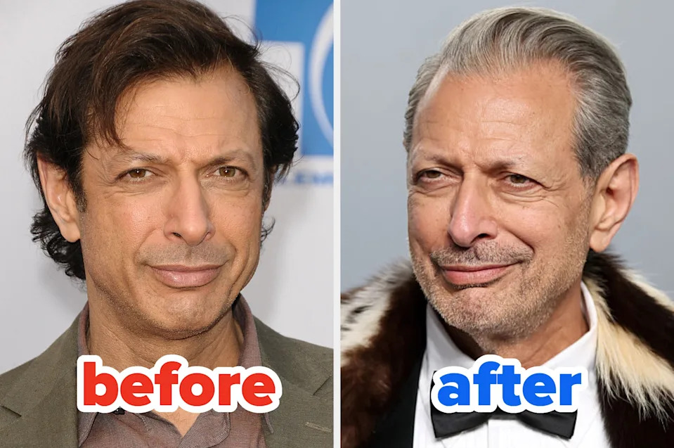 Two side-by-side images show the same male celebrity. Left: casual outfit, younger. Right: formal outfit with a fur-collared coat, older