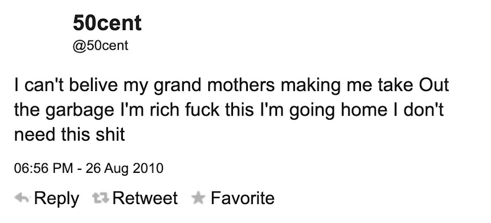 Tweet from 2010 by 50cent expressing frustration over being asked to take out the garbage despite wealth