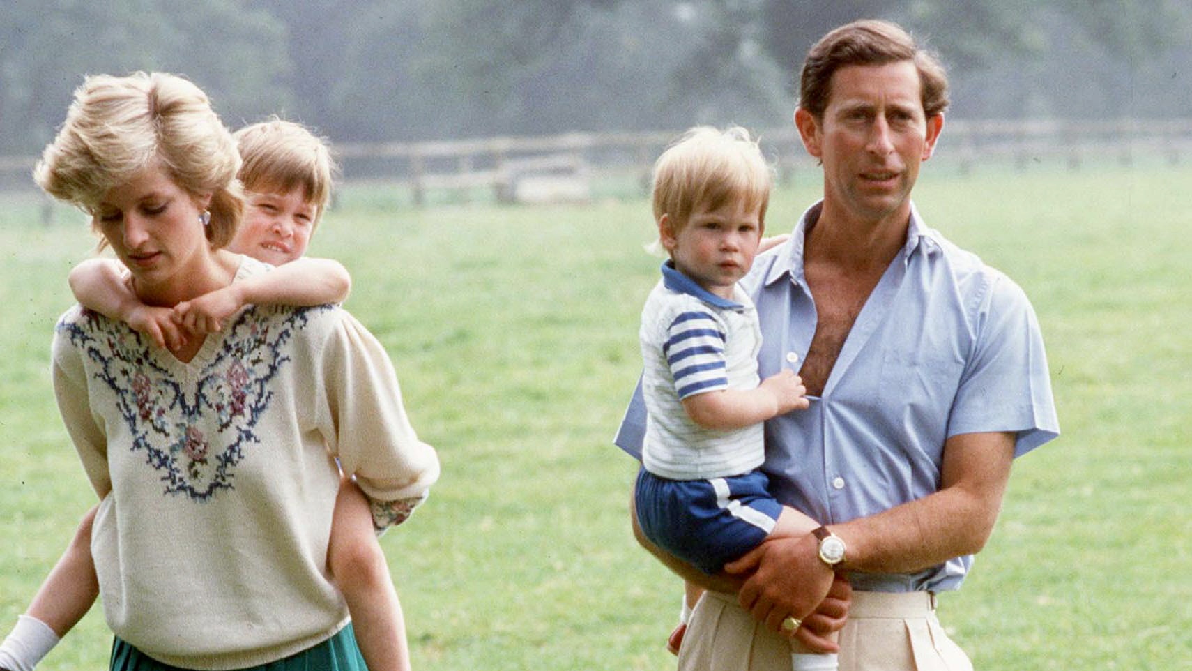 King Charles and Princess Diana with Prince William and Prince Harry in the gardens of Highgrove House