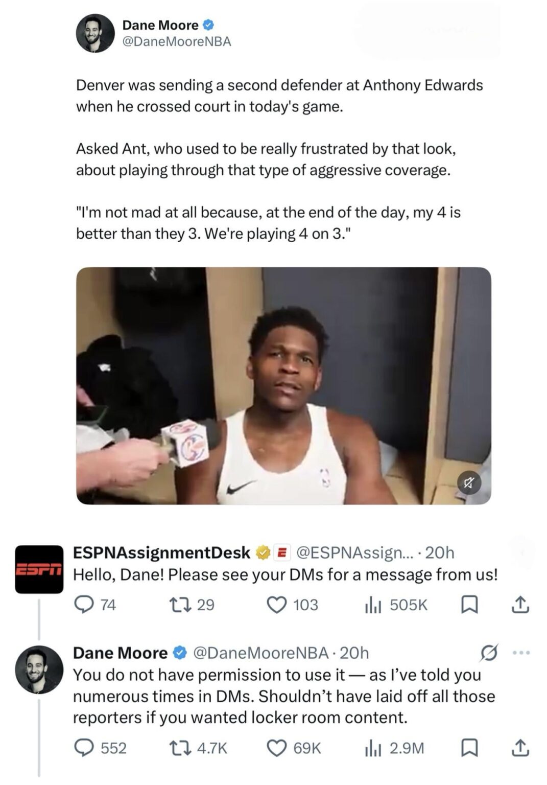Journalist tells ESPN off after ESPN requests to use his media: “You do not have permission to use it — as l've told you numerous times in DMs. Shouldn't have laid off all those reporters if you wanted locker room content.”