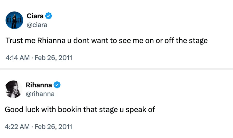 Ciara and Rihanna exchange tweets about stage performance, hinting at a rivalry