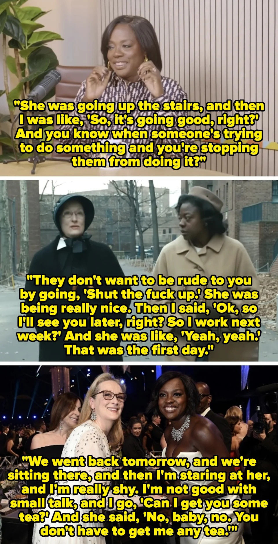 Viola Davis on "Good Hang with Amy Poehler; Davis and Meryl Streep in "Doubt;" Streep and Davis in 2017
