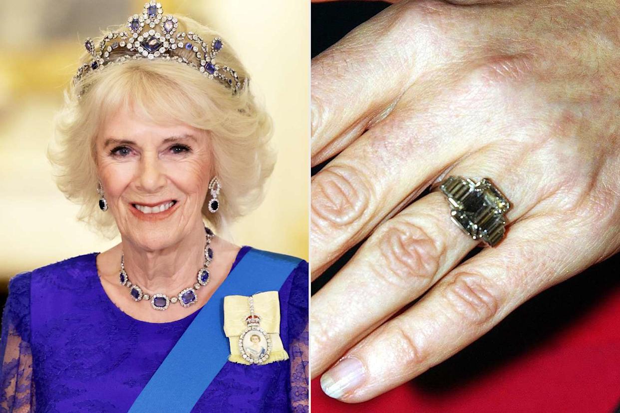 Camilla, Queen Consort attends the State Banquet in honour of President of South Africa, Cyril Ramaphosa at Buckingham Palace on November 22, 2022 in London, England. This is the first state visit hosted by the UK with King Charles III as monarch, and the first state visit here by a South African leader since 2010; Camilla Parker Bowles shows off her engagement ring as she and Prince Charles arrive for a party at Windsor Castle after announcing their engagement earlier 10 February, 2005. Britain's Prince Charles and his longtime companion Camilla Parker Bowles are to marry, his office announced Thursday, putting the official seal on a relationship that first blossomed 35 years ago.Credit: Chris Jackson/Getty; JOHN STILLWELL/AFP via Getty