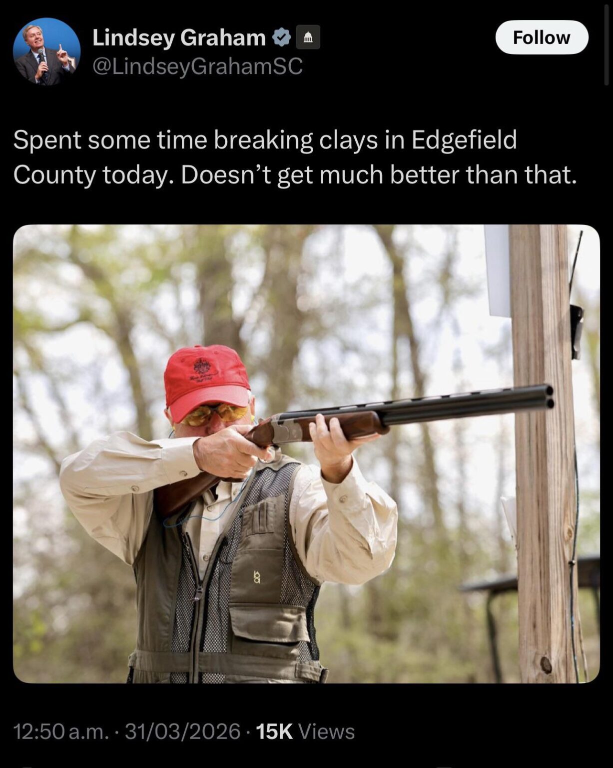 Lindsey Graham tries changing the narrative by posting a photo of him shooting clays after he was spotted walking around Disney with a bubble wand