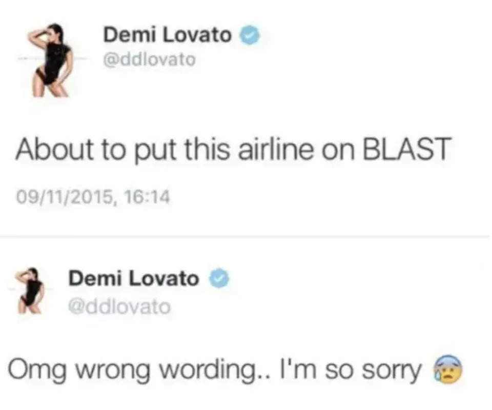 Demi Lovato tweets about criticizing an airline, followed by a correction and apology