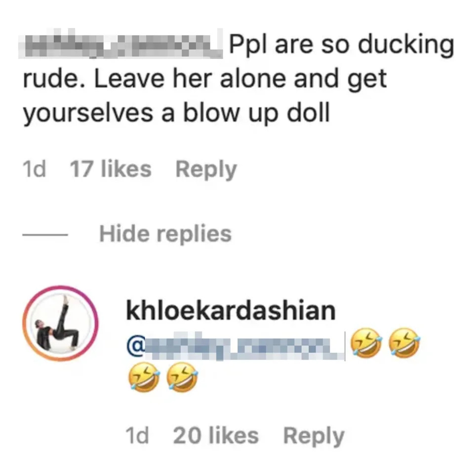 Khloé replying to a comment with laughing emojis