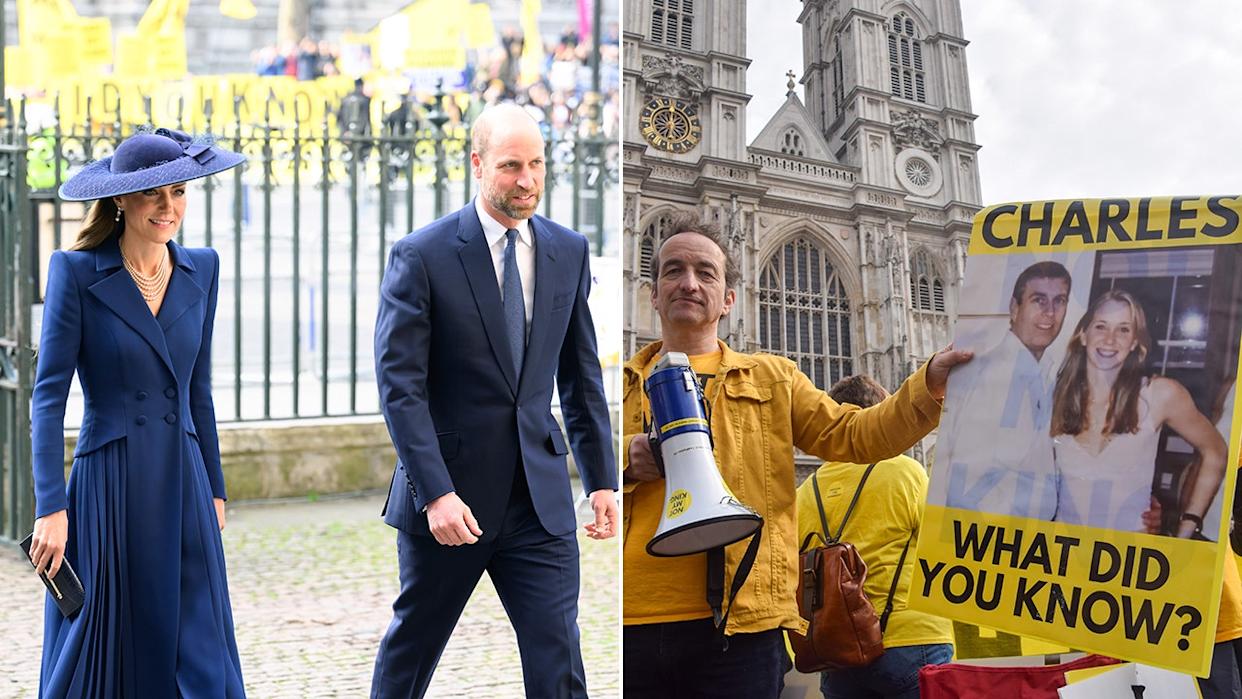 Kate Middleton and Prince William walk past protesters