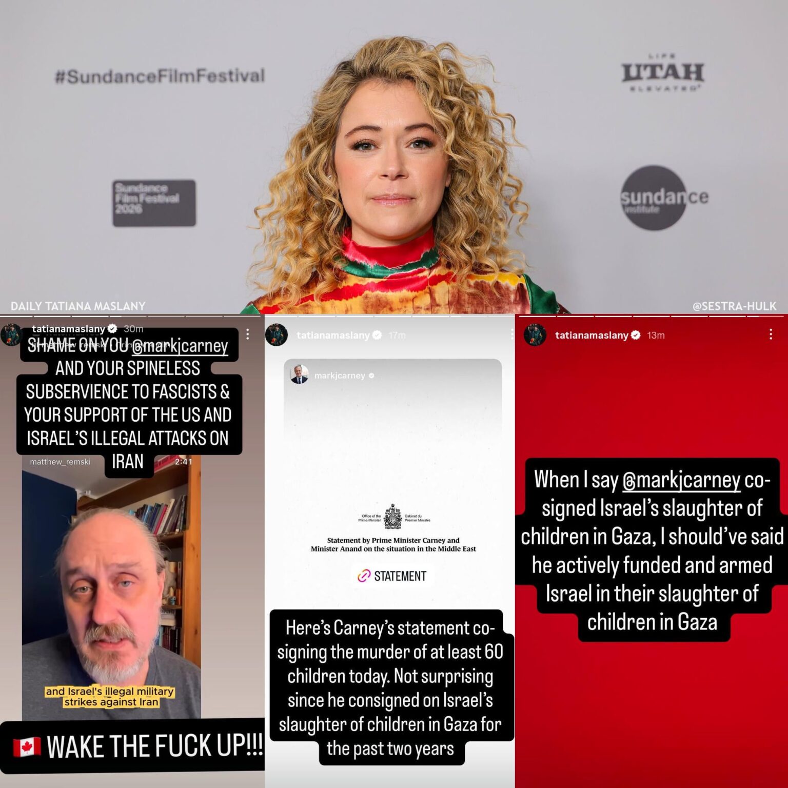 Tatiana Maslany calls out Canadian Prime Minister Mark Carney for co-signing the US' & Israel's missile strikes on Iran