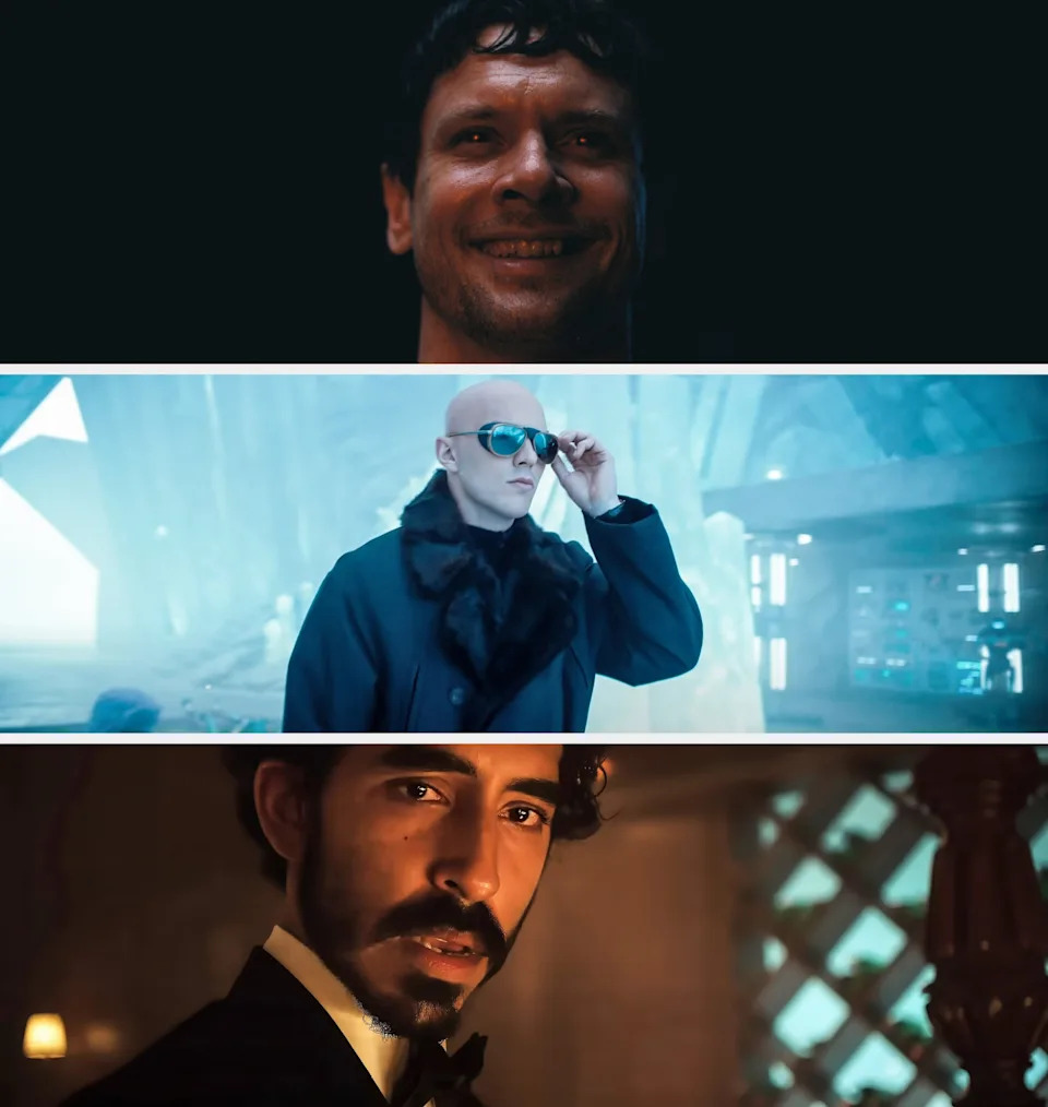 Split images of Jack in "Sinners," Nicholas in "Superman," and Dev in "Monkey Man"