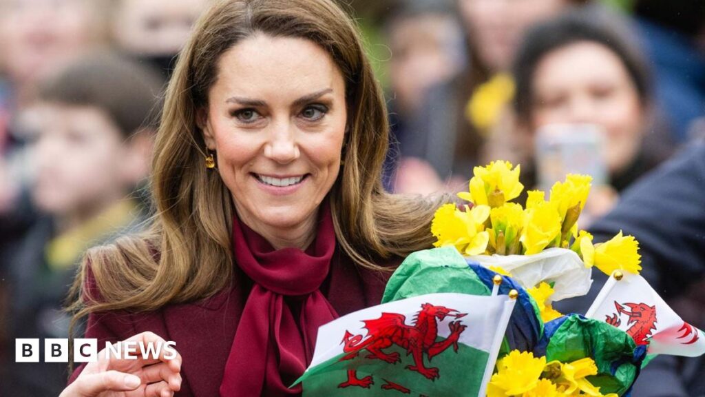 Catherine wearing burgundy carrying yellow daffodils and Welsh flags as people take pictures in the background