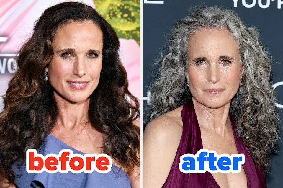 Two side-by-side images of a woman with long hair. Left: wavy hairstyle. Right: gray, curly hairstyle. Text reads "before" and "after."