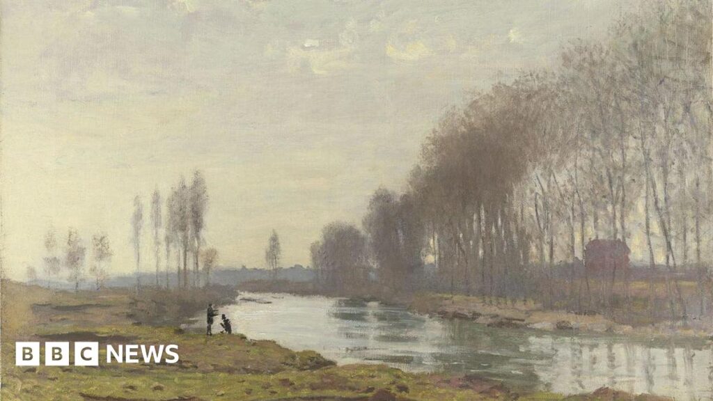 The Petit Bras of the Seine at Argenteuil depicts a tranquil scene on a winter day on the outskirts of a small, suburban town, portraying two figures by the side of the River Seine.