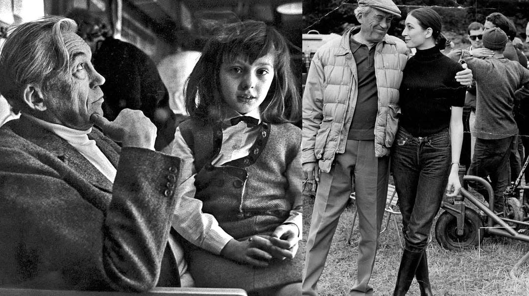 A black-and-white collage of two photos: On the left, an older man sits beside a young girl with long hair. On the right, an older man in a cap warmly talks with a smiling young woman on a film set.