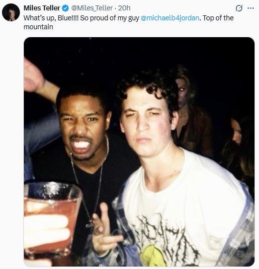 Miles Teller congratulates his "Fantastic Four" and "That Awkward Moment" co-star Michael B. Jordan for his Oscar win