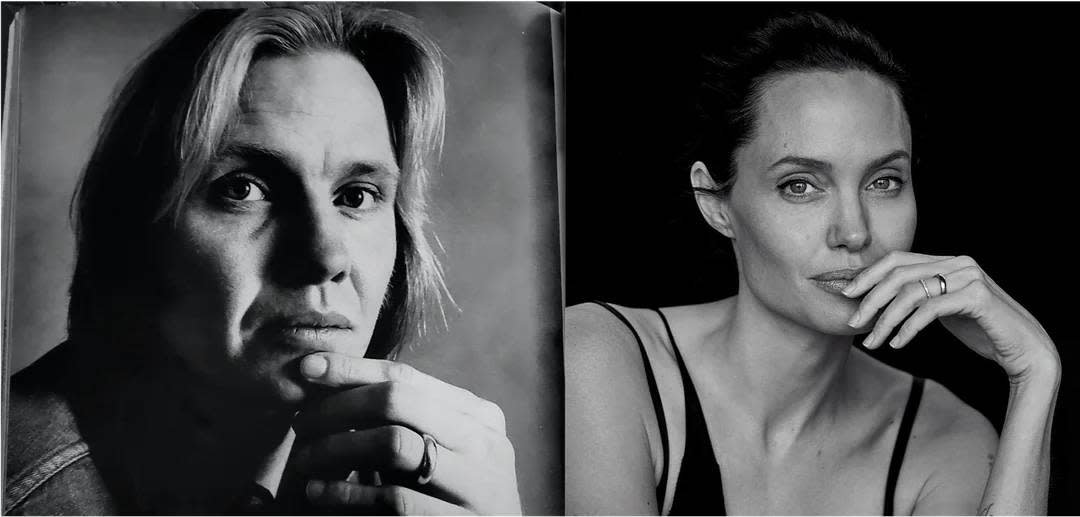 Two black-and-white portraits show different people with similar poses; both rest their chins on their hands and look thoughtfully at the camera. The left person has light hair; the right person has dark hair pulled back.