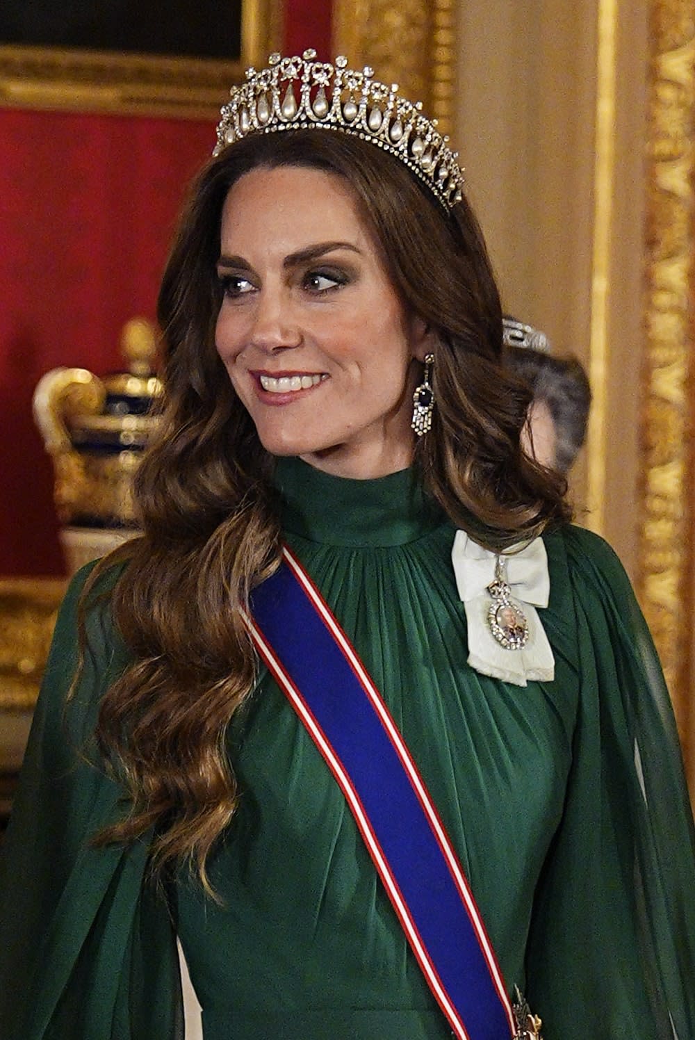 A close-up of Kate Middleton wearing the Lover's Knot Tiara.