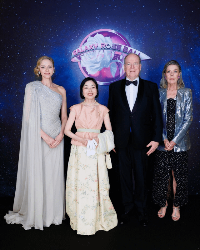Princely family of Monaco with Japan's Princess Aiko at the Rose Ball 2026, with this year's space theme chosen by Charlene