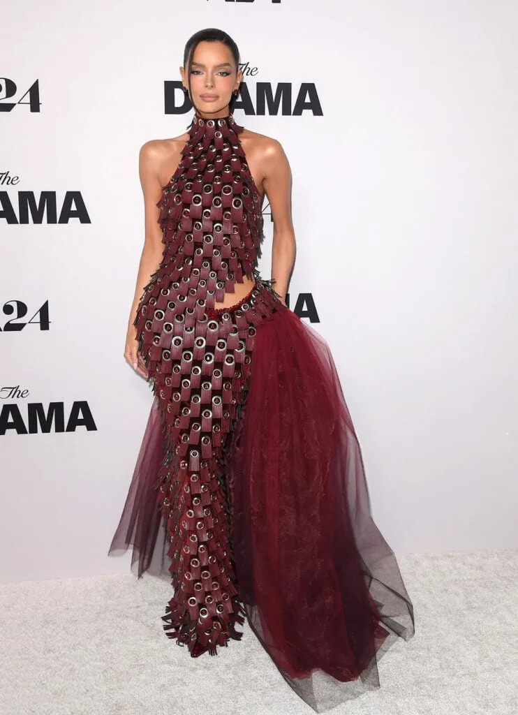 Maura Higgins The Drama LA premiere 2026, Maura Higgins burgundy Do Long Spring 2026 gown, The Drama LA premiere red carpet Maura Higgins, Do Long The Drama premiere Maura Higgins, Maura Higgins burgundy sculptural dress premiere
