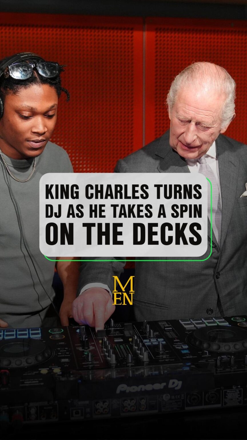 King Charles turned DJ as he took a spin on the decks today 🎧 The King was in Manchester to see the collaboration between The King’s Trust and Factory Academy at Aviva Studios And he stopped by to speak to student Christian St Louis, who showed the King how to use the decks he had set up 🎶 #news #kingcharles #manchester #manchestereveningnews #royalfamily