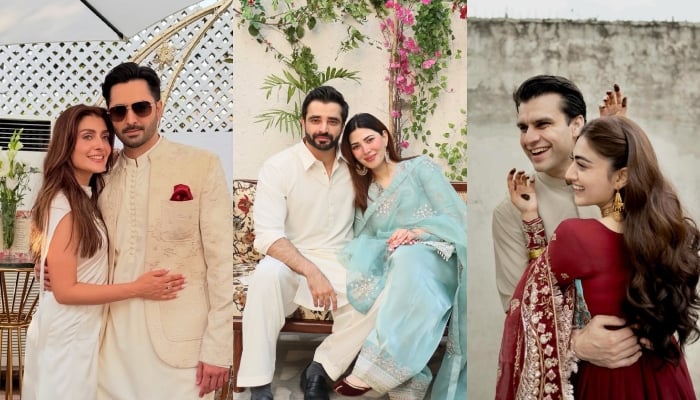 A collage of Eid pictures from celebrity couples Instagram accounts.  — Instagram@naimalkhawarkhan/danishtaimoor16/hinaafridiofficial