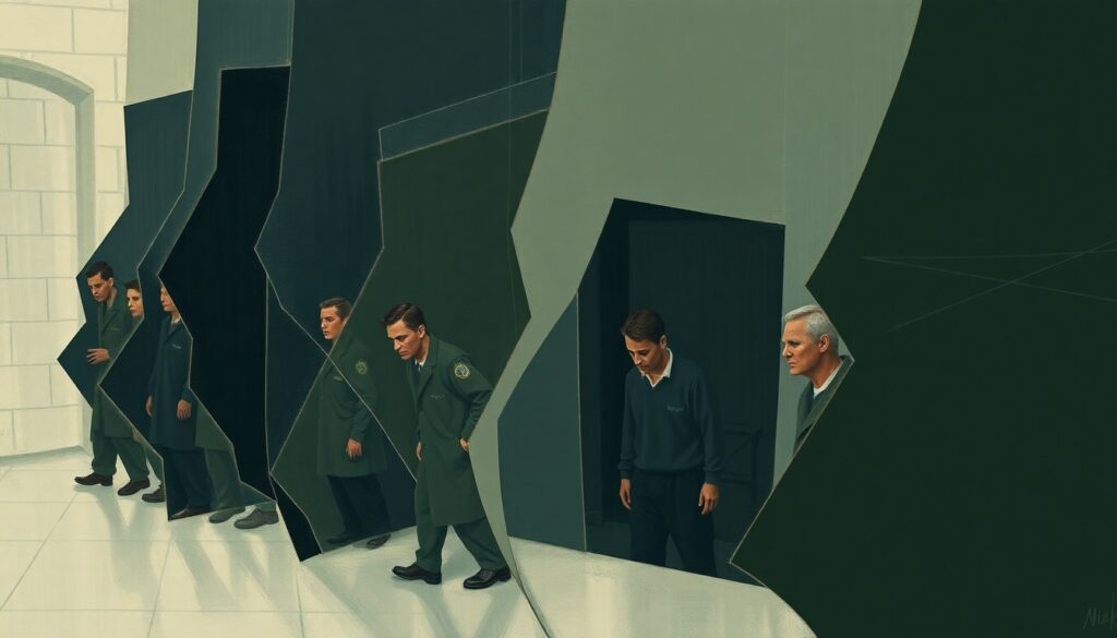An abstract, fragmented painting in muted tones depicting a group of people in a confined, institutional setting, conveying a sense of chaos and confinement without any specific identifiable elements.