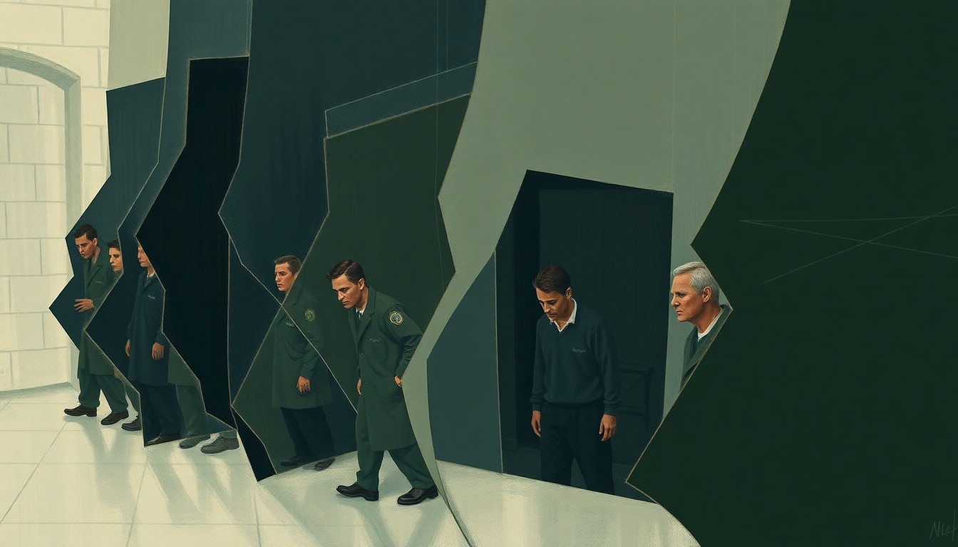 An abstract, fragmented painting in muted tones depicting a group of people in a confined, institutional setting, conveying a sense of chaos and confinement without any specific identifiable elements.