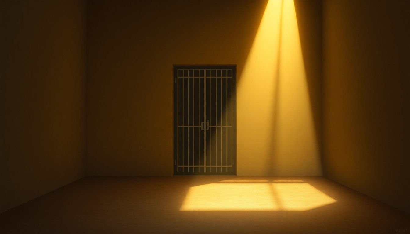 A realistic oil painting of a locked metal gate or barred window of an immigration detention facility, with warm sunlight casting deep shadows across the scene, conveying a sense of isolation and confinement.