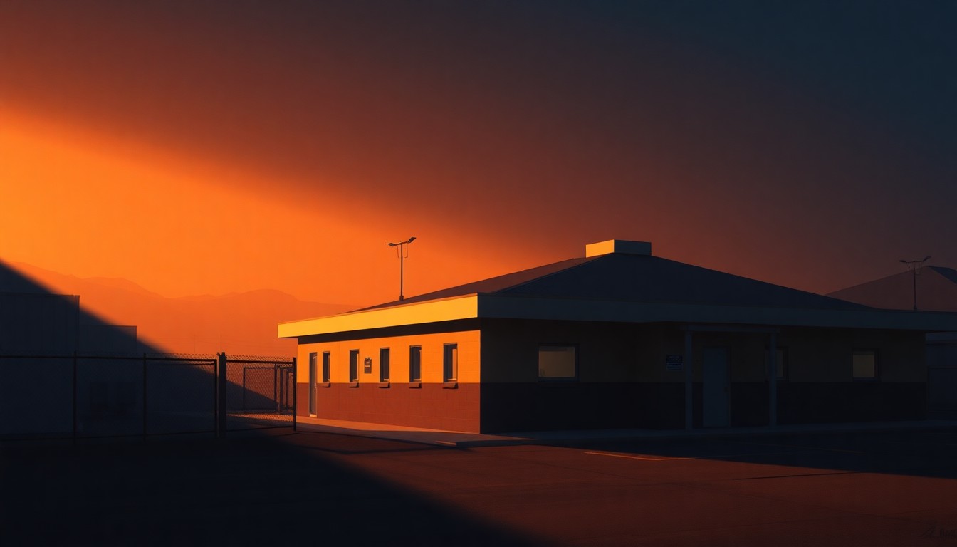 A photorealistic painting of a lone, nondescript government building in warm, golden light, with deep shadows cast across the facade, evoking a sense of quiet melancholy and isolation.