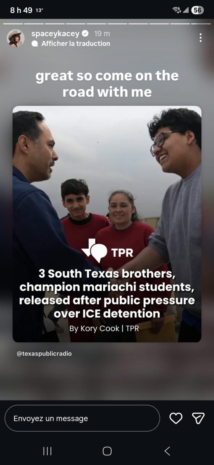 Kacey Musgraves posts on her IG story about 3 South Texas champion mariachi students who are also brothers being released from ICE detention and invites them on tour with her