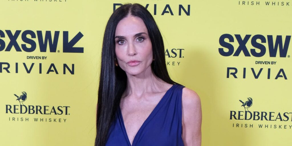 Demi Moore Wears a Plunging Saint Laurent Gown With a Thigh-High Slit at SXSW