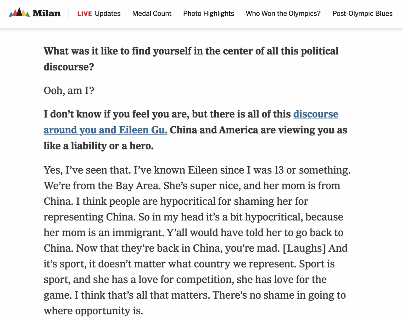 Alysa Liu on Eileen Gu: "I think people are hypocritical for shaming her for representing China."