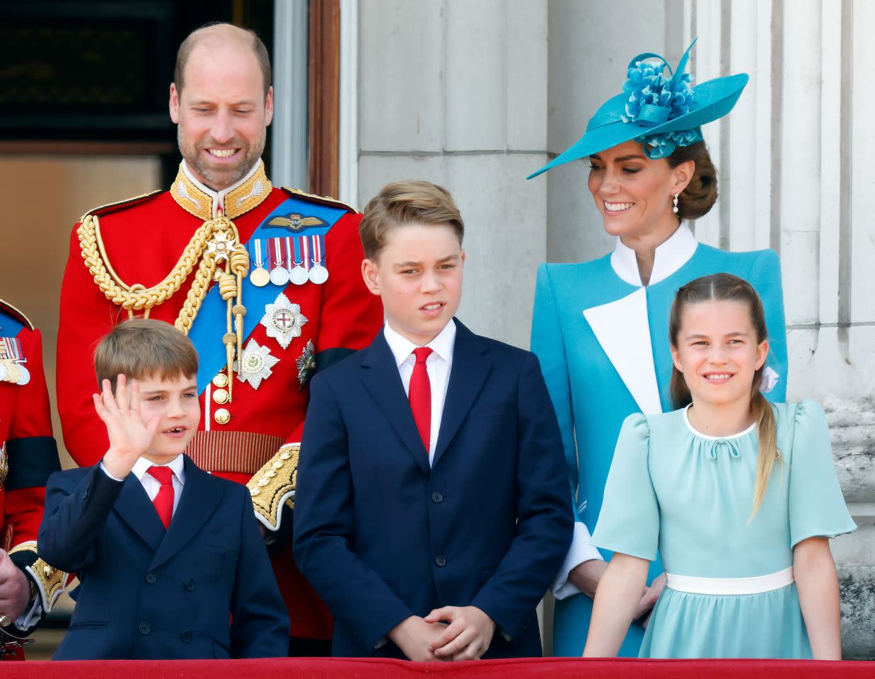 Prince William, Prince Louis, Prince George, Kate Middleton, and Princess Charlotte on June 14, 2025Credit: Getty