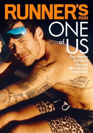 Magazine cover featuring a muscular individual with tattoos, themed around running.