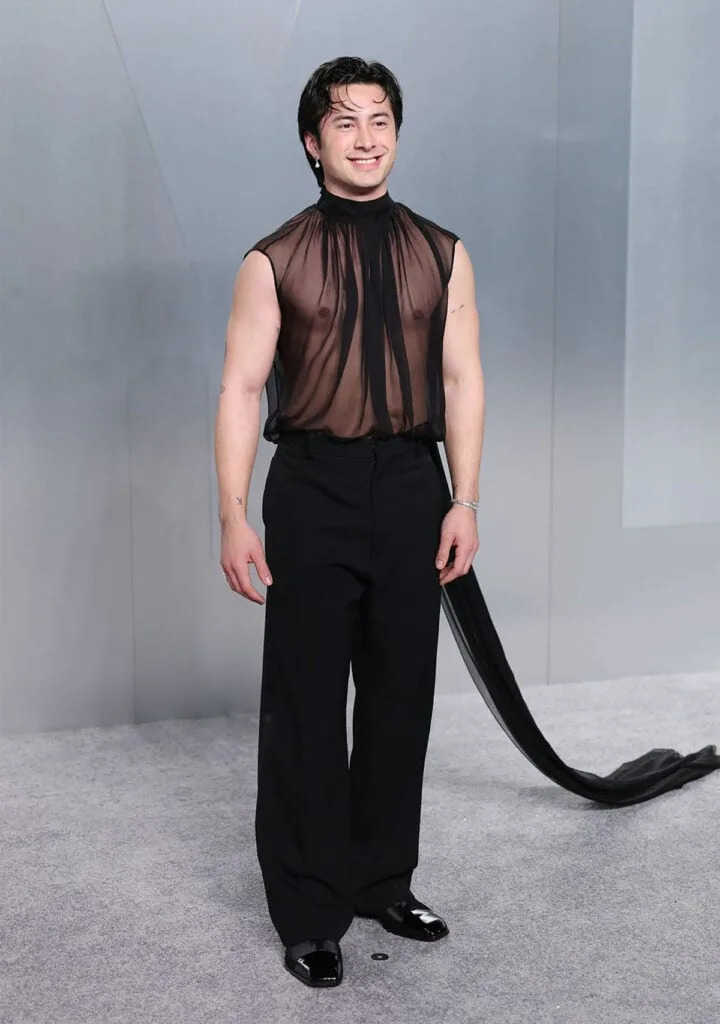 Hudson Williams Vanity Fair Oscar Party 2026 Balenciaga, Hudson Williams Balenciaga sheer top Vanity Fair Oscar Party, Vanity Fair Oscar Party 2026 red carpet Hudson Williams, Balenciaga sheer look Hudson Williams Vanity Fair Oscar Party