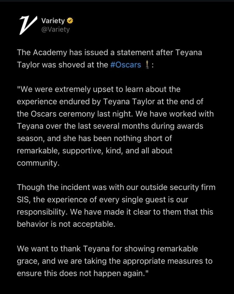 The Academy responds to Teyana Taylor being pushed by security at the 2026 Oscars