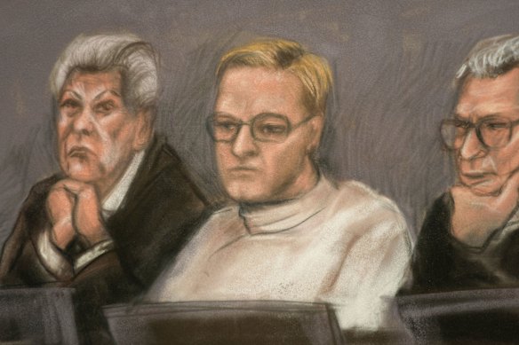A court sketch of Marius Borg Hoiby during the first day of the trial against him, in room 250 of the Oslo District Court, Norway on February 3.