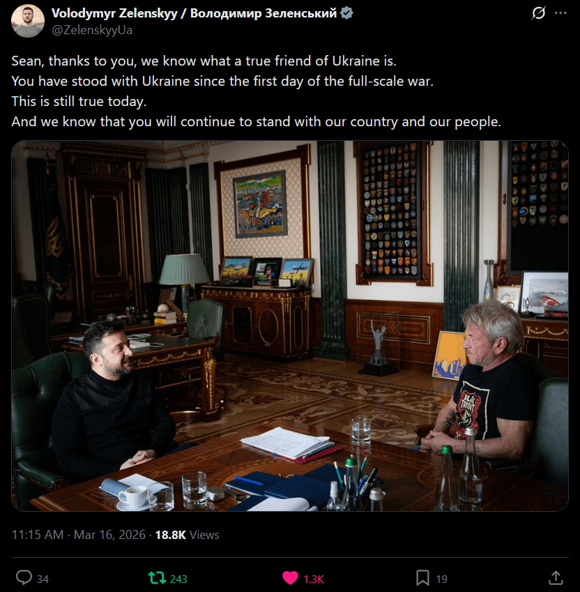 Apparently Sean Penn was visiting Ukraine again, which is why he didn't bother with the Oscars. "Sean, thanks to you, we know what a true friend of Ukraine is. You have stood with Ukraine since the first day of the full-scale war. This is still true today."