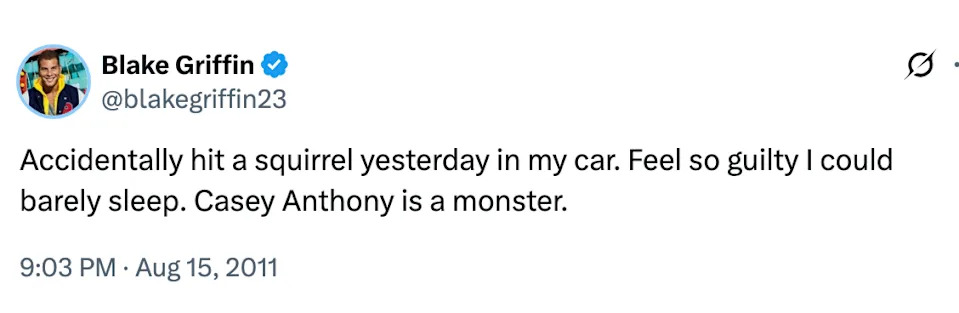 A tweet where Blake feels guilty for hitting a squirrel with their car and mentions Casey Anthony negatively
