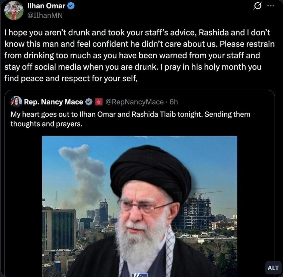 Ilhan Omar responds to Nancy Mace's social media post maliciously aligning Omar and Rashida Talib with Khamenei: "Please restrain from drinking too much as you have been warned from your staff and stay off social media when you are drunk"