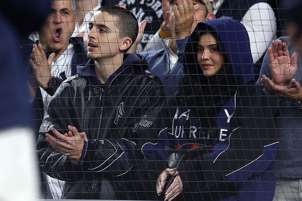 new york, new york october 08 timothée chalamet and kylie jenner look on during the seventh inning of game four of the american league division series between the new york yankees and the toronto blue jays at yankee stadium on october 08, 2025 in new york city photo by ishika samantgetty images