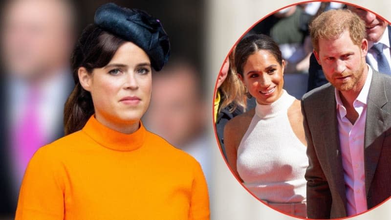 Eugenie's possible move to work with Harry and Meghan in California rattled London.MEGA