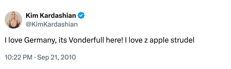 Tweet from Kim Kardashian in 2010 expressing love for Germany and apple strudel with a playful misspelling