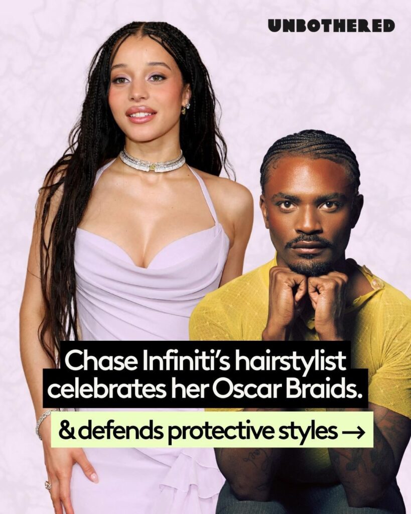 Coree Moreno, Chase Infiniti's hairstylist, shares a response to an E! News reporter calling her Oscars boho knotless braids ‘undone’: "The commentary provoked a real conversation about how we're still limited as Black people when it comes to how we want to show up.”