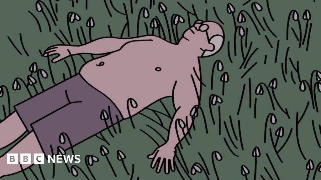 An illustration shows a man walking through a dense forest. The scene is filled with tall, dark tree trunks stretching upward, with layered foliage and hills visible in the background. The person is wearing a short‑sleeved pink shirt, knee‑length shorts, and sneakers, and is carrying a large backpack with rolled gear attached. The ground is covered in earth tones and scattered undergrowth.