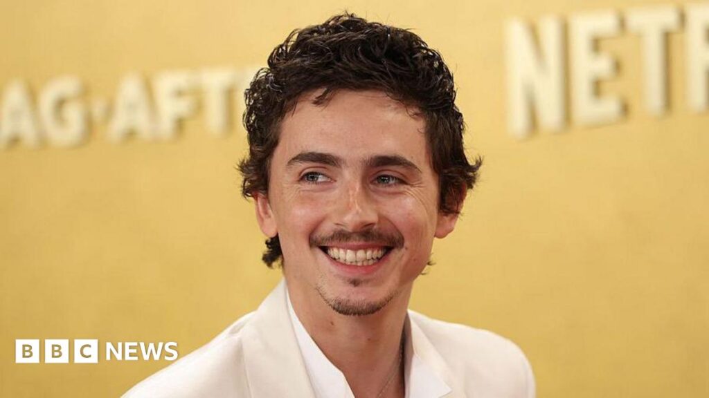 Timothée Chalamet smiling. He is wearing a white shirt and suit jacket. He has dark brown hair. The background behind him is gold.