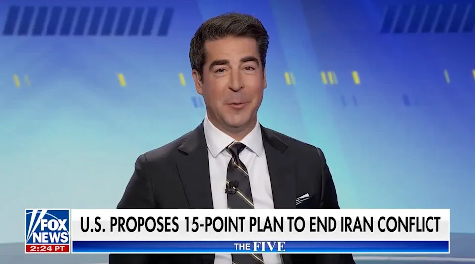 News presenter discusses a U.S. 15-point plan to end the Iran conflict on a TV news program with on-screen graphics