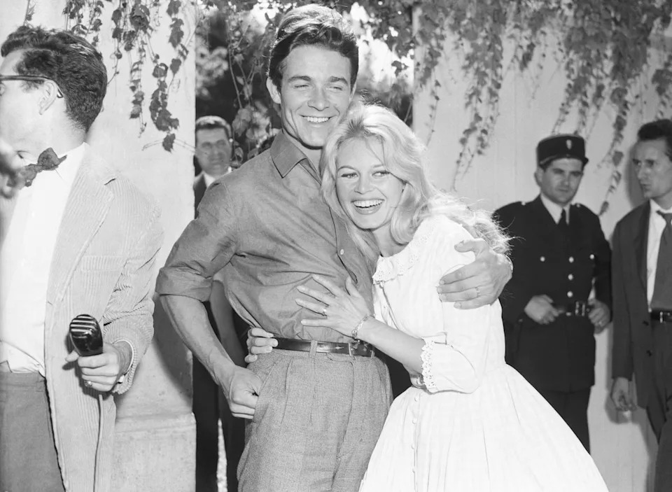 Brigitte Bardot and Jacques Charrier embrace following their wedding day in France on June 18, 1959Credit: Bettmann Archive