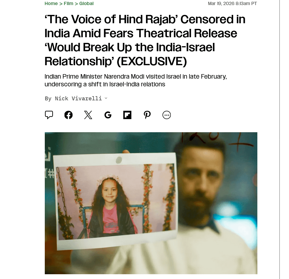 The Indian government led by Modi is censoring 'The Voice of Hind Rajab' to protect its alliance with Israel. By blocking an Oscar-nominated film about a child's death. This cowardly censorship proves their foreign policy cannot survive the weight of a single honest story.
