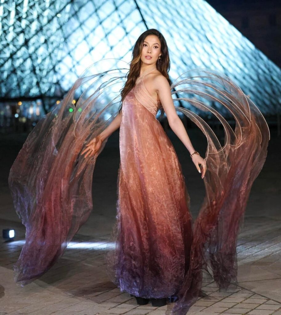 Olympic champion Eileen Gu attends the Grand Dîner du Louvre in Iris van Herpen